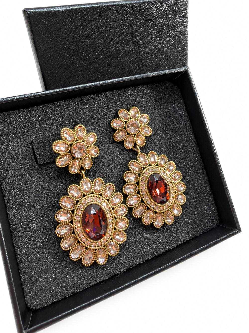 Heidi Daus Crystal Floral Drop Earrings Pink Burgundy Gold Tone Omega Back